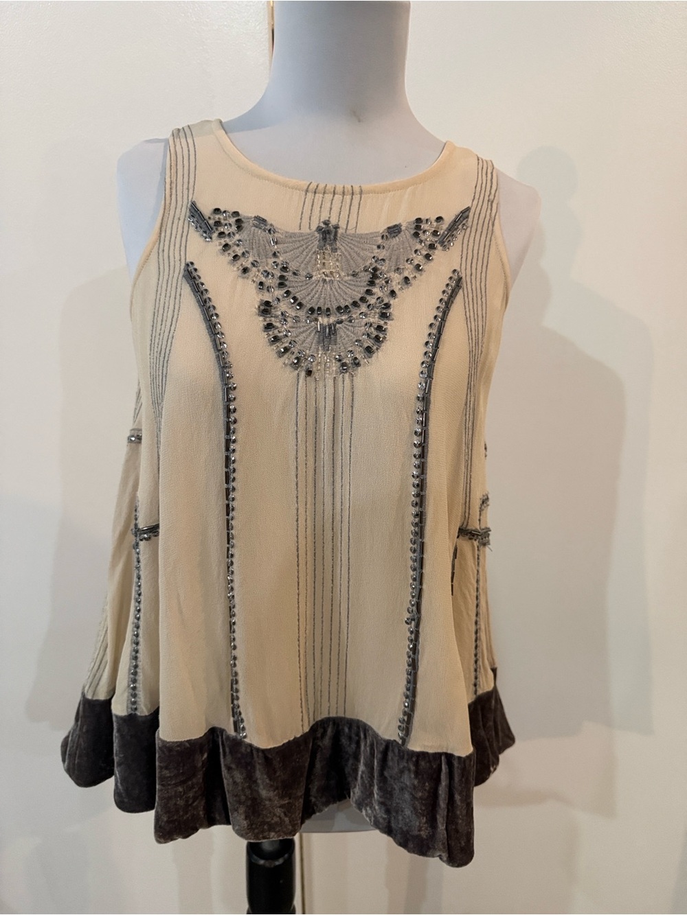 Moulinette Soeurs Cream Beaded Sleeveless Camisole with Brown Velvet Hem